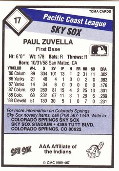 1989 CMC Colorado Springs Sky Sox #17 Paul Zuvella  Back