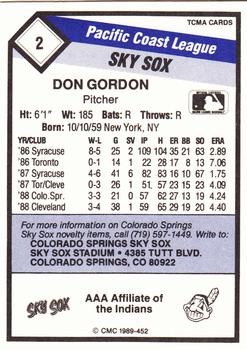 1989 CMC Colorado Springs Sky Sox #2 Don Gordon  Back