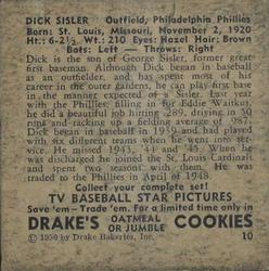 1950 Drake's TV Baseball Series (D358) #10 Dick Sisler Back