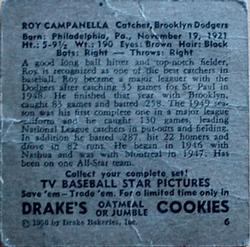 1950 Drake's TV Baseball Series (D358) #6 Roy Campanella Back