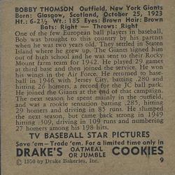 1950 Drake's TV Baseball Series (D358) #9 Bobby Thomson Back