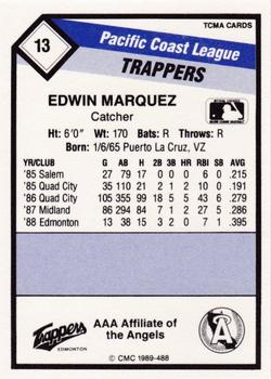 1989 CMC Edmonton Trappers #13 Edwin Marquez  Back
