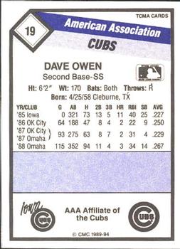 1989 CMC Iowa Cubs #19 Dave Owen  Back
