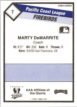 1989 CMC Phoenix Firebirds #7 Marty DeMarrite Back