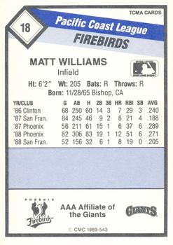 1989 CMC Phoenix Firebirds #18 Matt Williams  Back