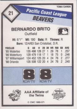 1989 CMC Portland Beavers #21 Bernardo Brito  Back