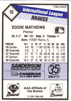 1989 CMC Richmond Braves #10 Eddie Mathews  Back