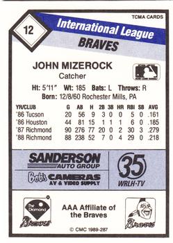 1989 CMC Richmond Braves #12 John Mizerock  Back