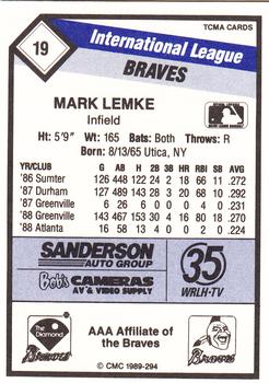 1989 CMC Richmond Braves #19 Mark Lemke  Back