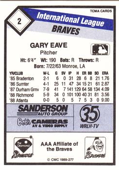 1989 CMC Richmond Braves #2 Gary Eave  Back