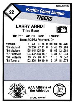 1989 CMC Tacoma Tigers #22 Larry Arndt  Back