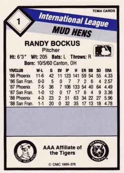 1989 CMC Toledo Mud Hens #1 Randy Bockus  Back
