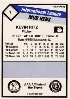 1989 CMC Toledo Mud Hens #7 Kevin Ritz  Back