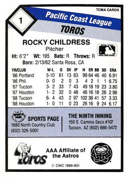 1989 CMC Tucson Toros #1 Rocky Childress  Back