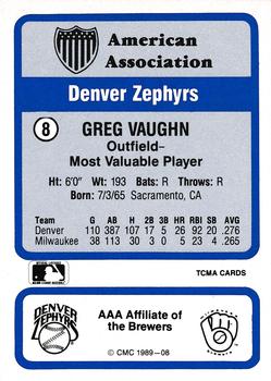 1989 CMC Triple A All-Stars #8 Greg Vaughn Back