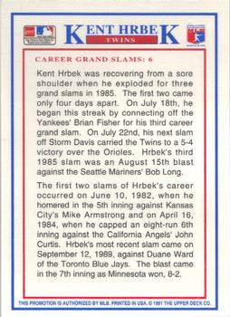 1991 Upper Deck Denny's Grand Slam Holograms #7 Kent Hrbek Back