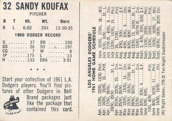 1961 Bell Brand Los Angeles Dodgers #NNO Sandy Koufax Back