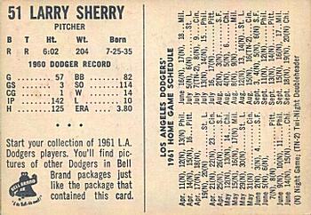 1961 Bell Brand Los Angeles Dodgers #NNO Larry Sherry Back