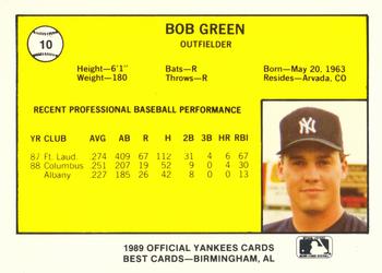 1989 Best Albany-Colonie Yankees #10 Bob Green  Back