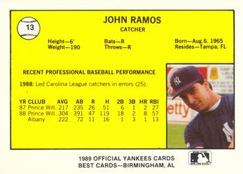 1989 Best Albany-Colonie Yankees #13 John Ramos  Back