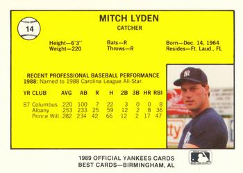 1989 Best Albany-Colonie Yankees #14 Mitch Lyden  Back