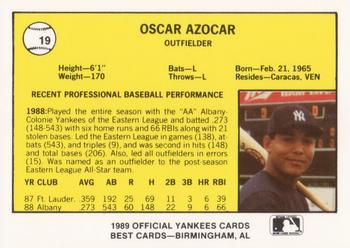 1989 Best Albany-Colonie Yankees #19 Oscar Azocar  Back