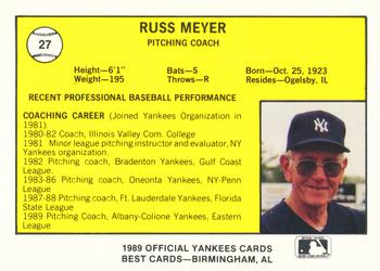 1989 Best Albany-Colonie Yankees #27 Russ Meyer Back
