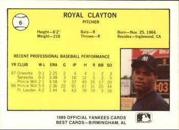 1989 Best Albany-Colonie Yankees #6 Royal Clayton  Back