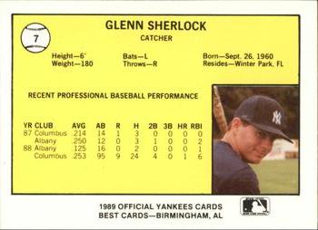 1989 Best Albany-Colonie Yankees #7 Glenn Sherlock  Back