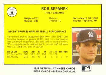 1989 Best Albany-Colonie Yankees #9 Rob Sepanek  Back