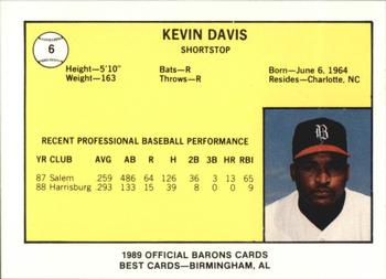 1989 Best Birmingham Barons #6 Kevin Davis  Back