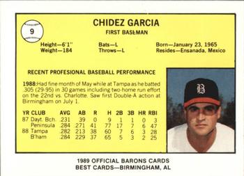 1989 Best Birmingham Barons #9 Chidez Garcia Back