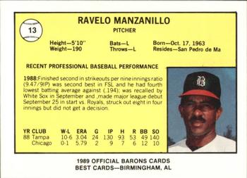 1989 Best Birmingham Barons #13 Ravelo Manzanillo  Back