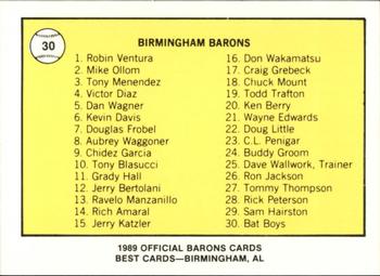 1989 Best Birmingham Barons #30 Batboys (Nathan Sparks / Rhett White / Brad Reznik) Back