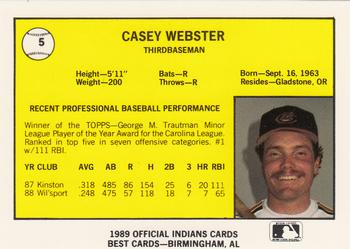 1989 Best Canton-Akron Indians #5 Casey Webster  Back