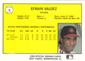 1989 Best Canton-Akron Indians #6 Efrain Valdez  Back