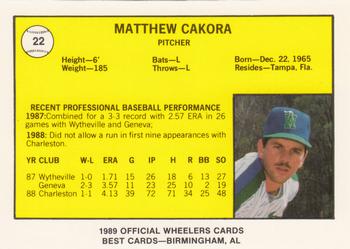 1989 Best Charleston Wheelers #22 Matthew Cakora  Back