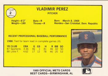 1989 Best Columbia Mets #2 Vladimir Perez  Back