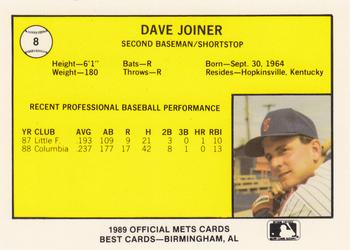 1989 Best Columbia Mets #8 Dave Joiner  Back