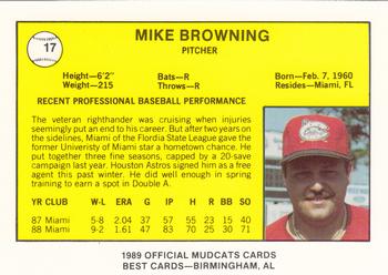 1989 Best Columbus Mudcats #17 Mike Browning  Back