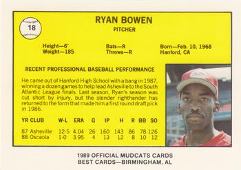 1989 Best Columbus Mudcats #18 Ryan Bowen  Back