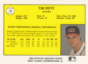 1989 Best Greenville Braves #12 Tim Deitz  Back