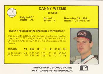 1989 Best Greenville Braves #13 Danny Weems  Back