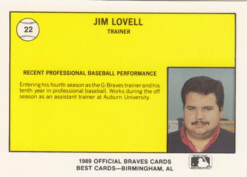 1989 Best Greenville Braves #22 Jim Lovell Back