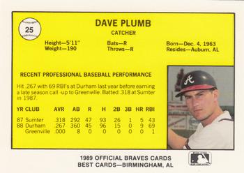 1989 Best Greenville Braves #25 Dave Plumb  Back