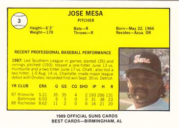 1989 Best Hagerstown Suns #3 Jose Mesa  Back