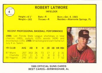 1989 Best Hagerstown Suns #4 Robert Latmore Back