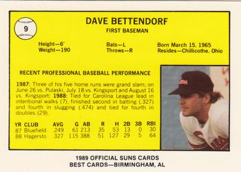 1989 Best Hagerstown Suns #9 Dave Bettendorf  Back