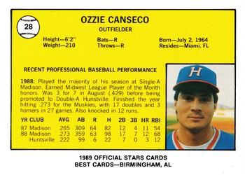 1989 Best Huntsville Stars #28 Ozzie Canseco  Back