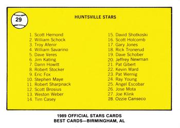 1989 Best Huntsville Stars #29 Team logo / Checklist  Back